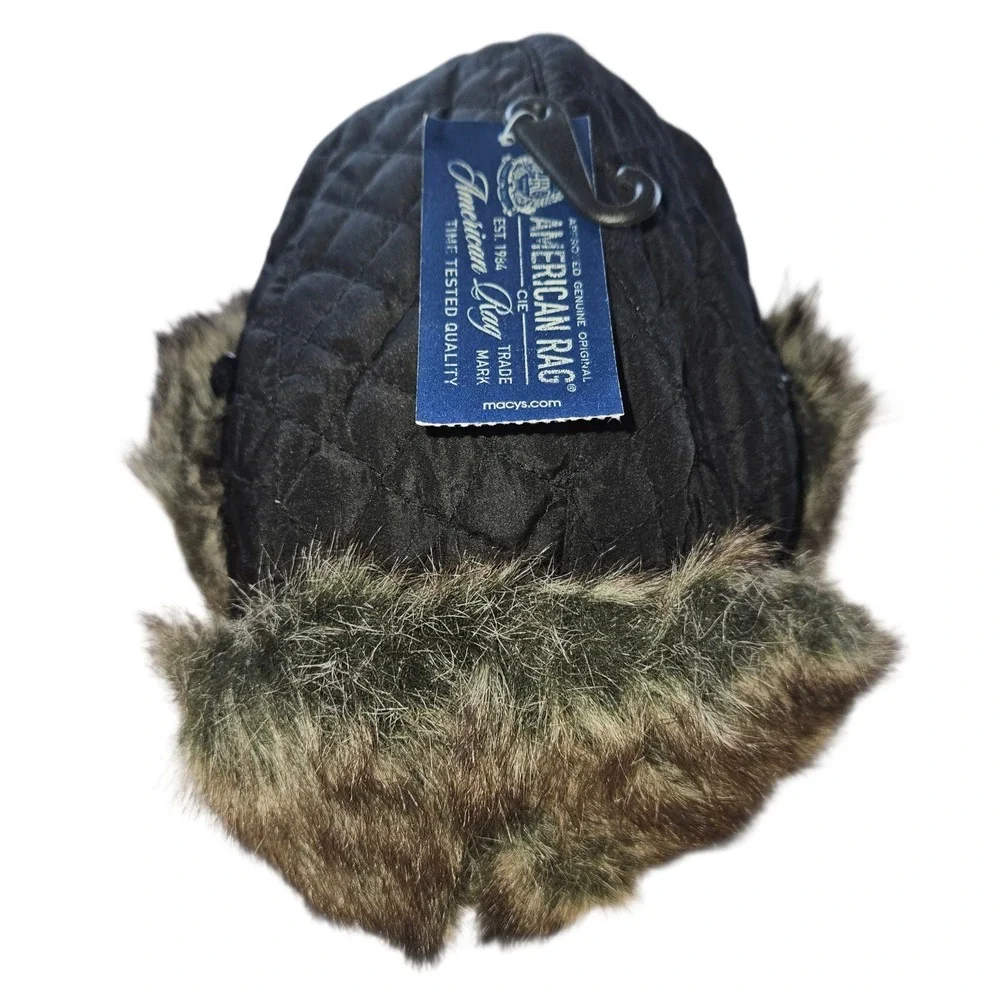 American Rag Trapper Hat Black Quilted Faux Fur Lined Winter Ear Flaps One Size